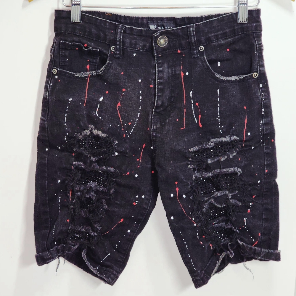 Waimea Skinny Fit Black Denim Paint Splatter Shorts Size 14